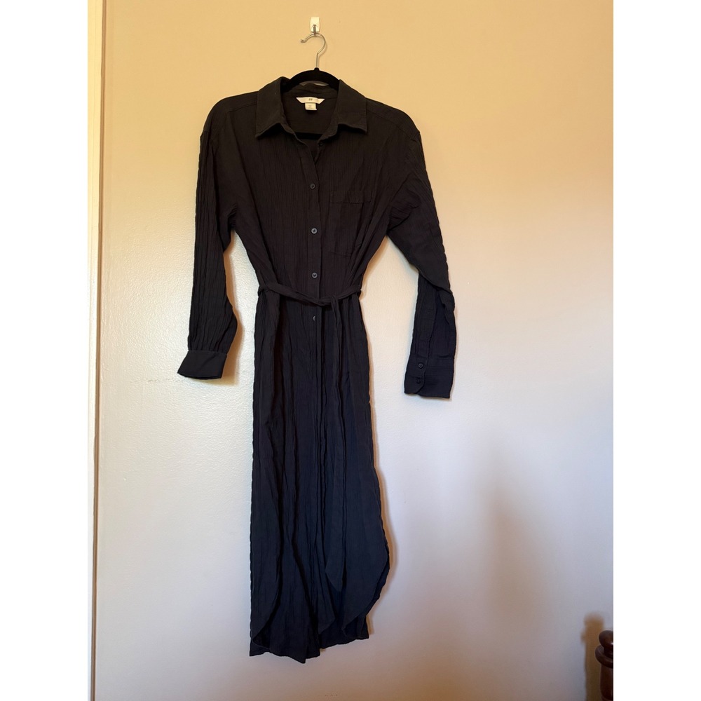 H&M Womens Crinkled Gauze Shirt Dress Long Sleeve Tie Waist Midi Black Small